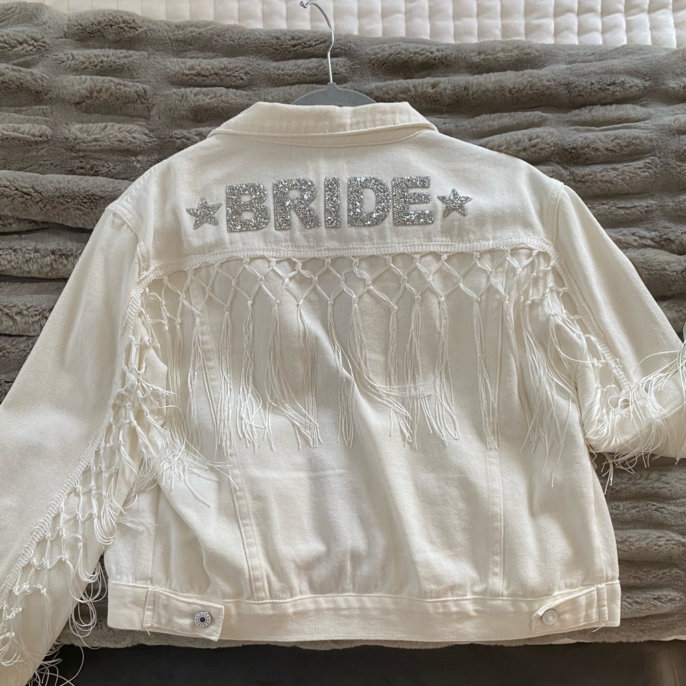 White denim BRIDE jacket w/ fringe
